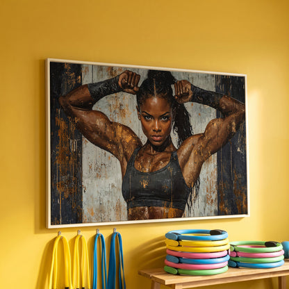 Strong Woman Fitness Motivation Canvas Print in white floating frame