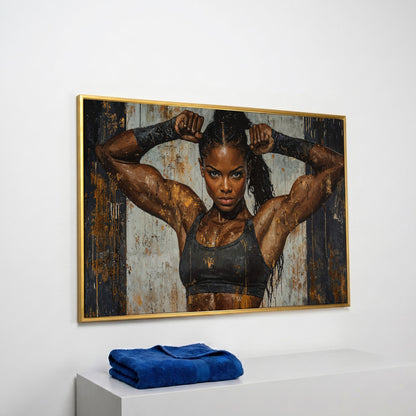 Strong Woman Fitness Motivation Canvas Print in yellow gold floating frame