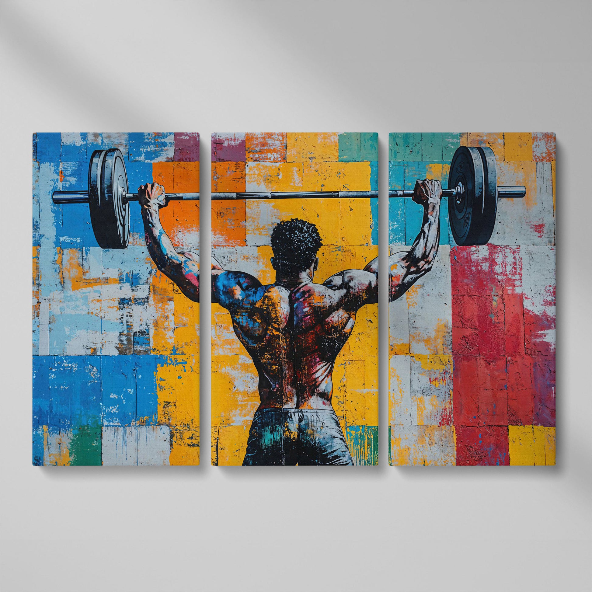 Dynamic Powerlifter Canvas Print with Mustard and Cerulean as 3-panel split version