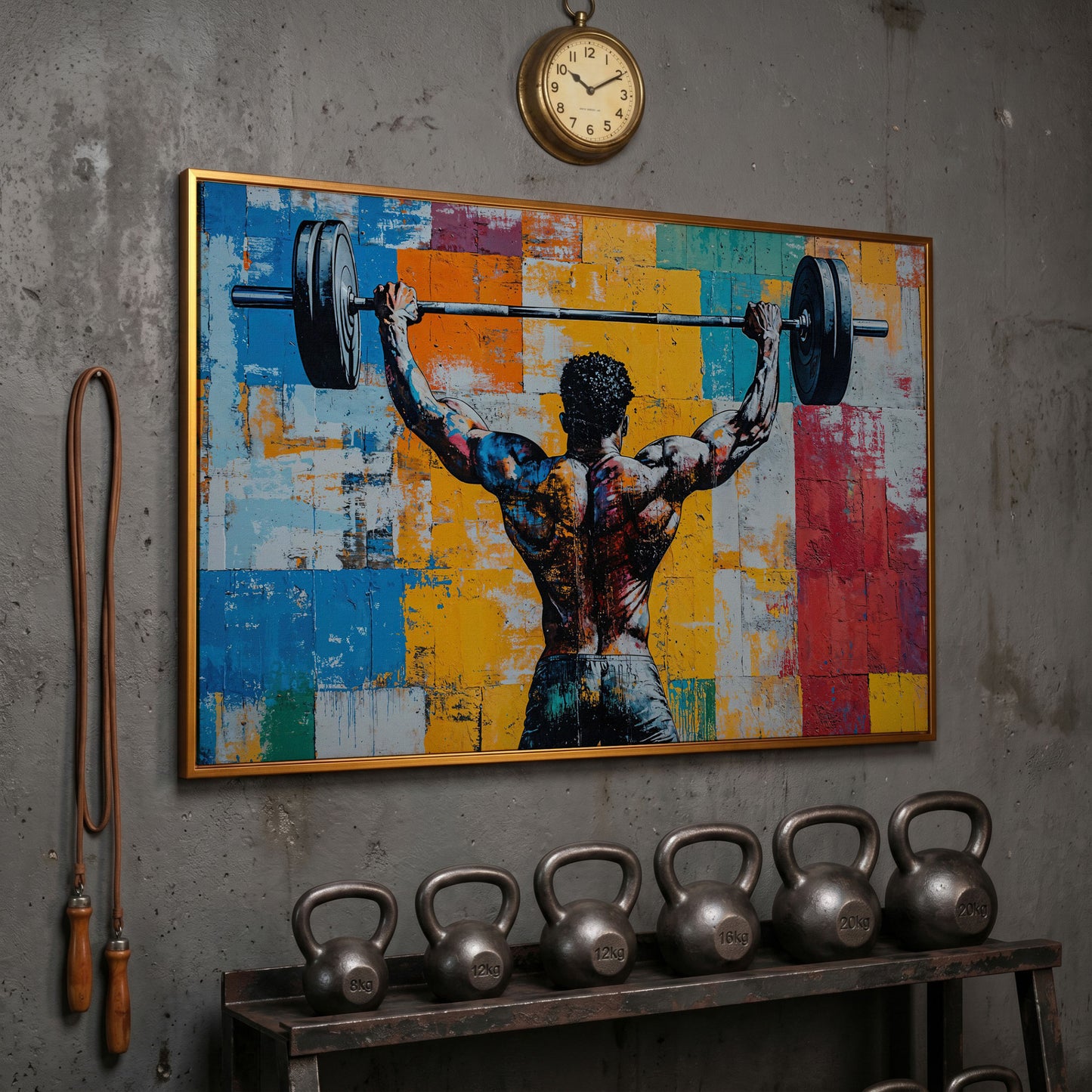 Dynamic Powerlifter Canvas Print with Mustard and Cerulean in antique gold floating frame