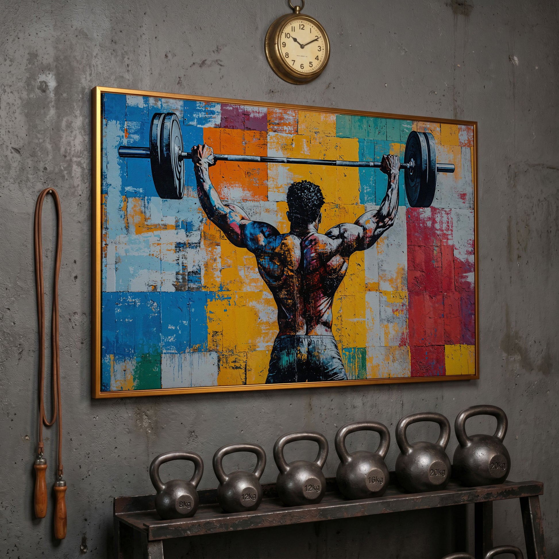 Dynamic Powerlifter Canvas Print with Mustard and Cerulean in antique gold floating frame