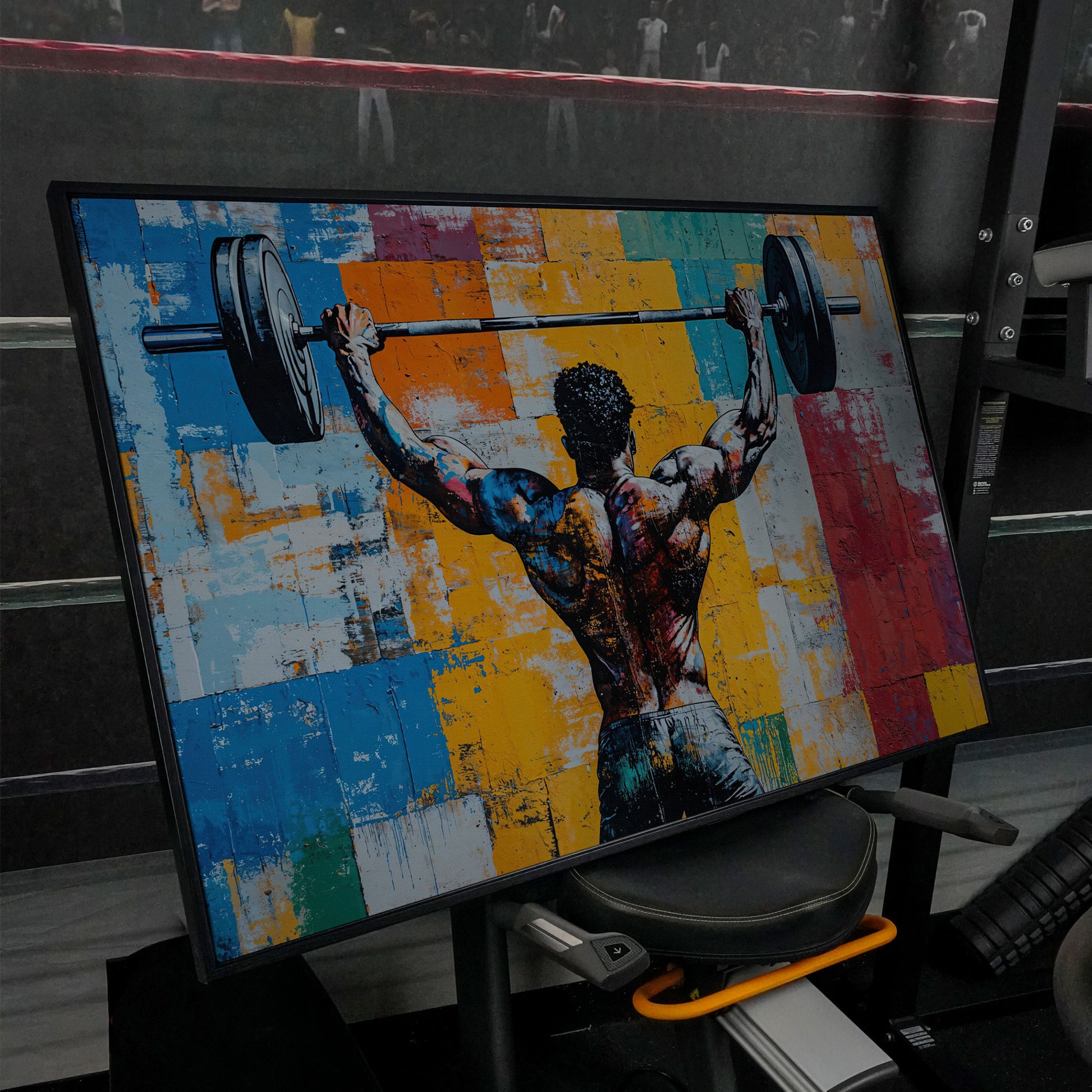 Dynamic Powerlifter Canvas Print with Mustard and Cerulean in black floating frame