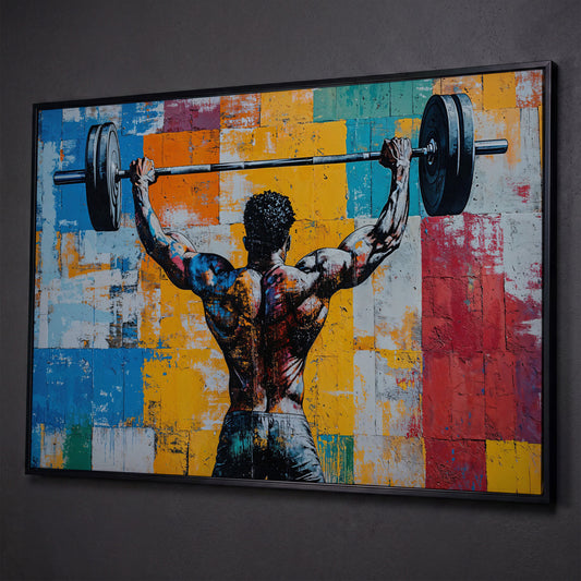 Dynamic Powerlifter Canvas Print with Mustard and Cerulean shown in black floating frame