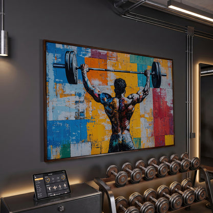 Dynamic Powerlifter Canvas Print with Mustard and Cerulean in dark walnut floating frame