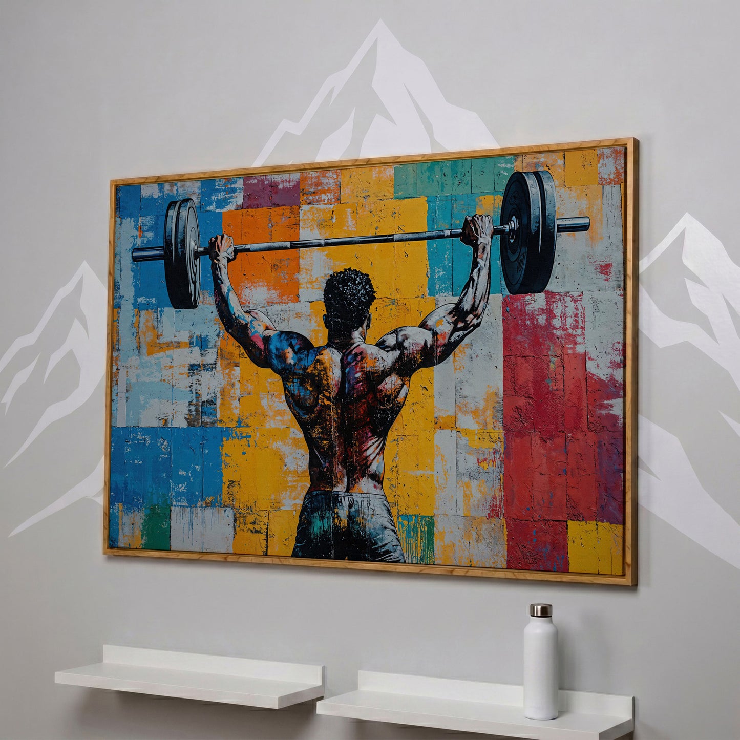 Dynamic Powerlifter Canvas Print with Mustard and Cerulean in white oak floating frame