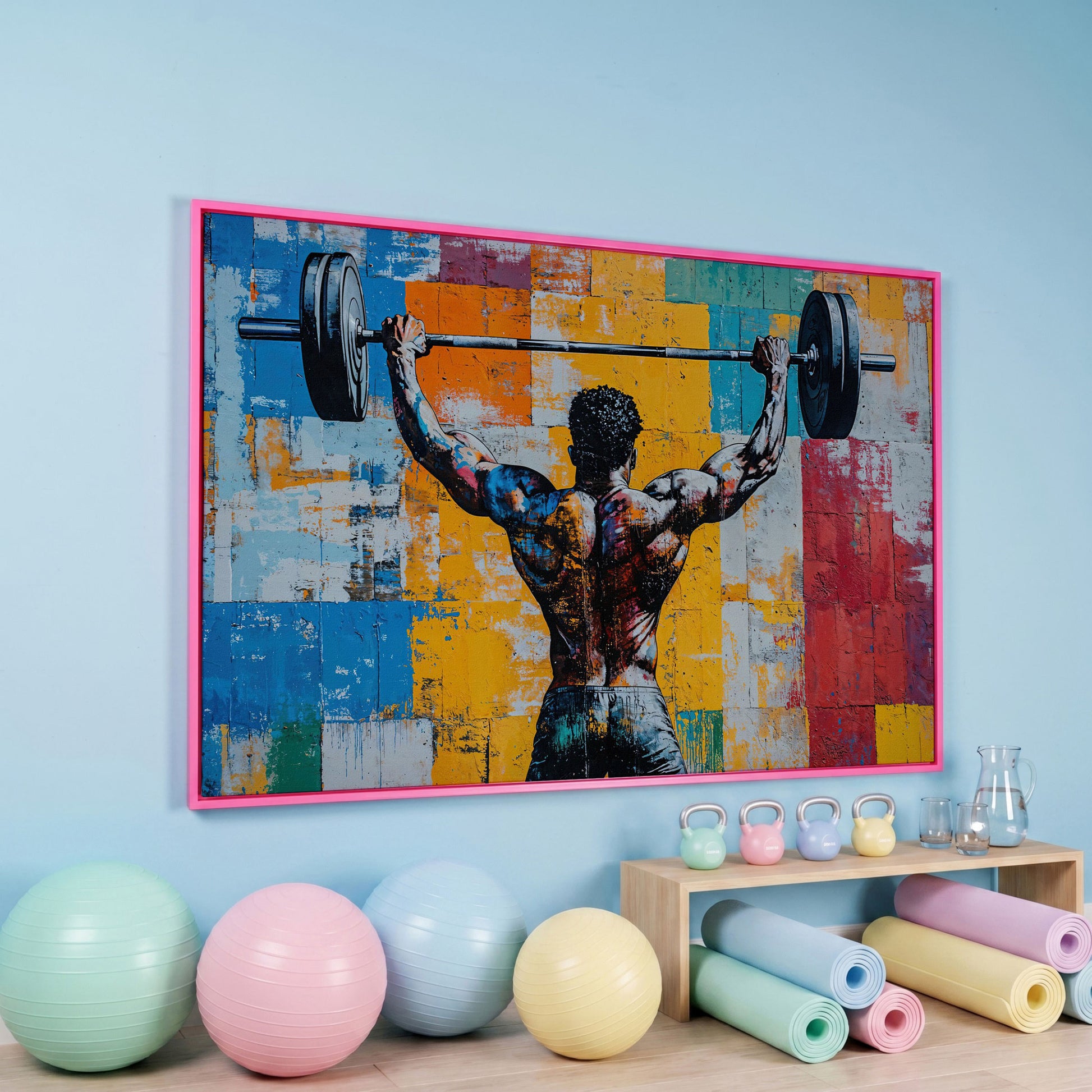 Dynamic Powerlifter Canvas Print with Mustard and Cerulean in pink floating frame