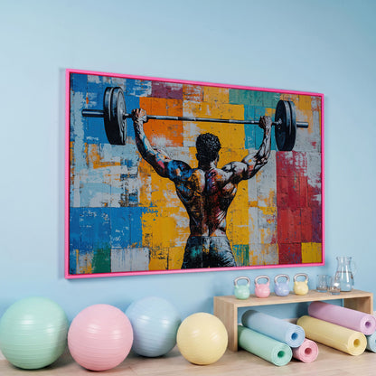 Dynamic Powerlifter Canvas Print with Mustard and Cerulean in pink floating frame