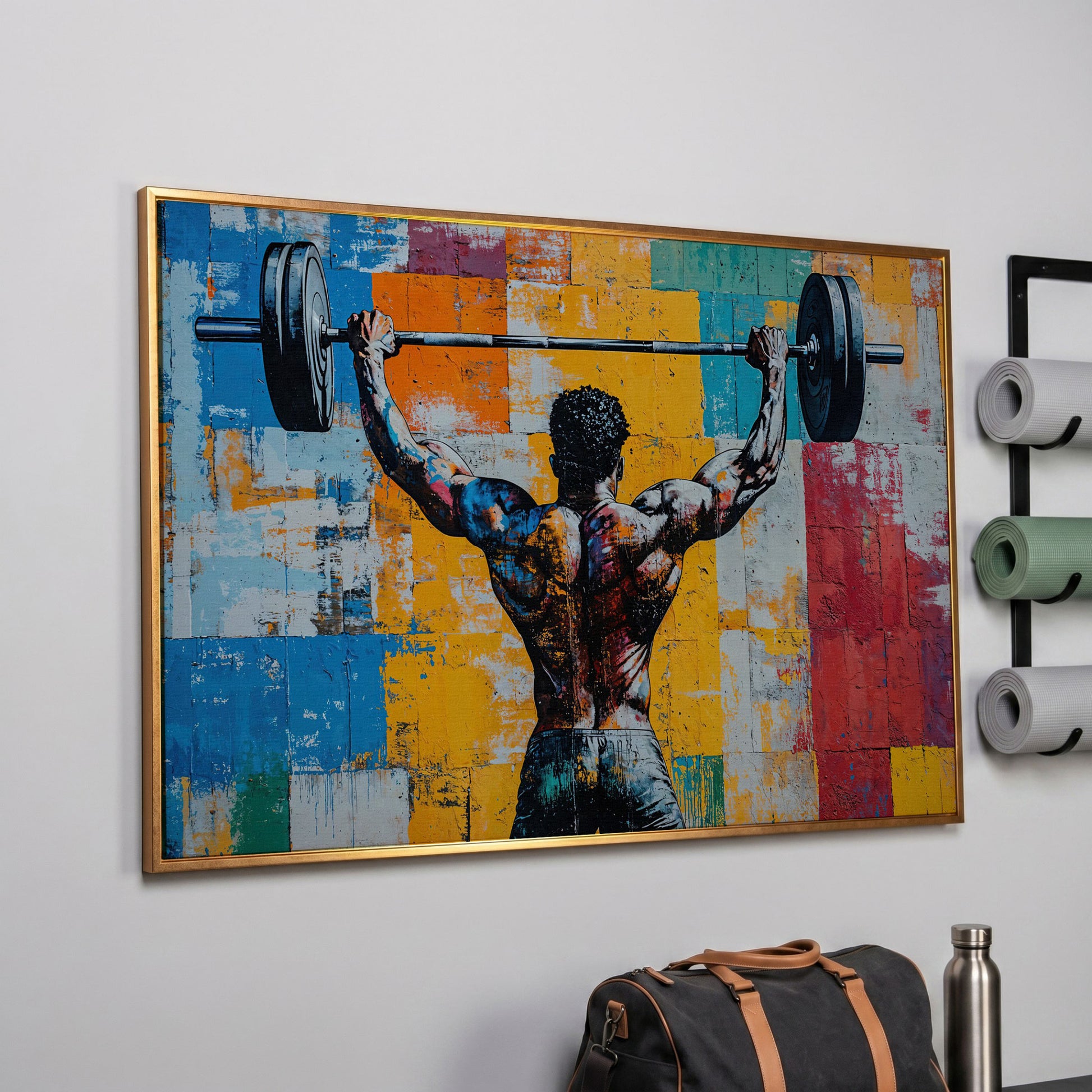 Dynamic Powerlifter Canvas Print with Mustard and Cerulean in rose gold floating frame
