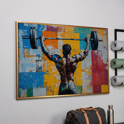 Dynamic Powerlifter Canvas Print with Mustard and Cerulean in rose gold floating frame