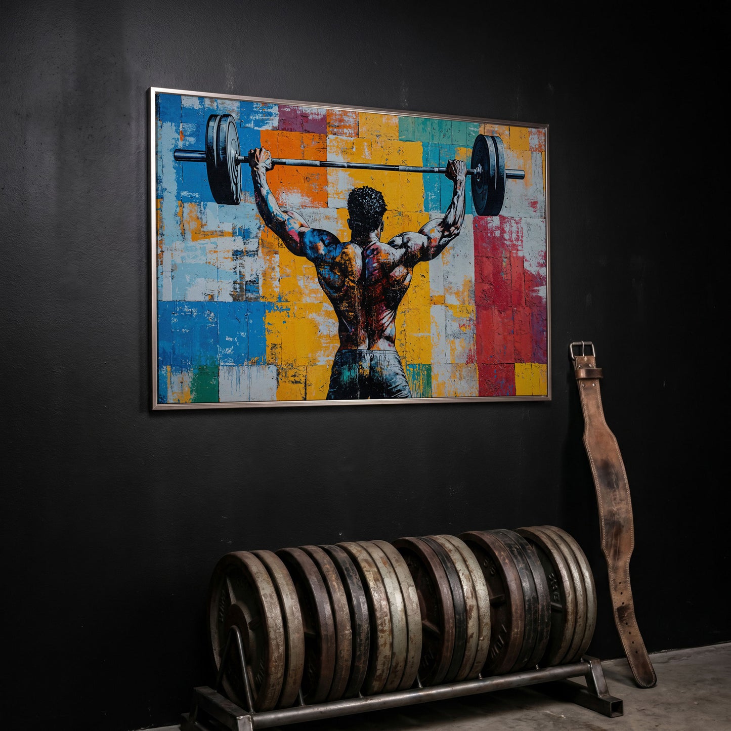 Dynamic Powerlifter Canvas Print with Mustard and Cerulean in silver floating frame