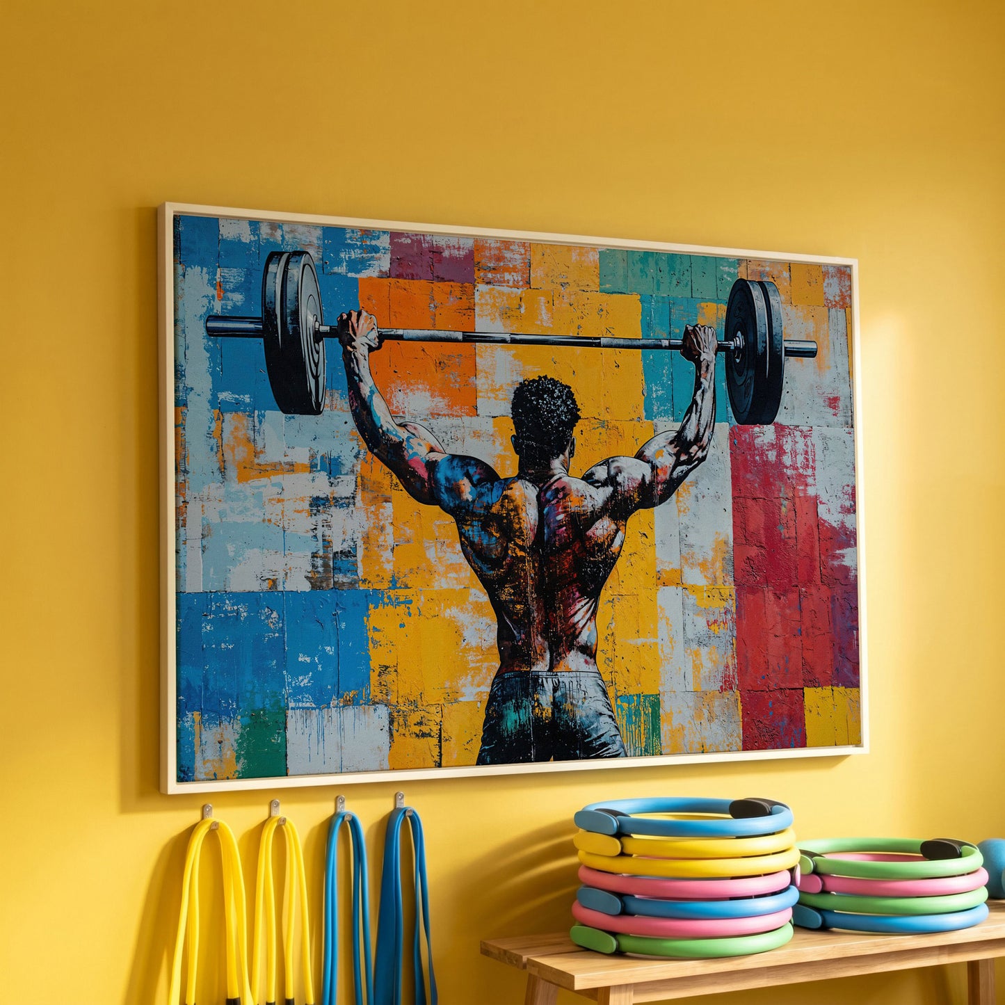 Dynamic Powerlifter Canvas Print with Mustard and Cerulean in white floating frame