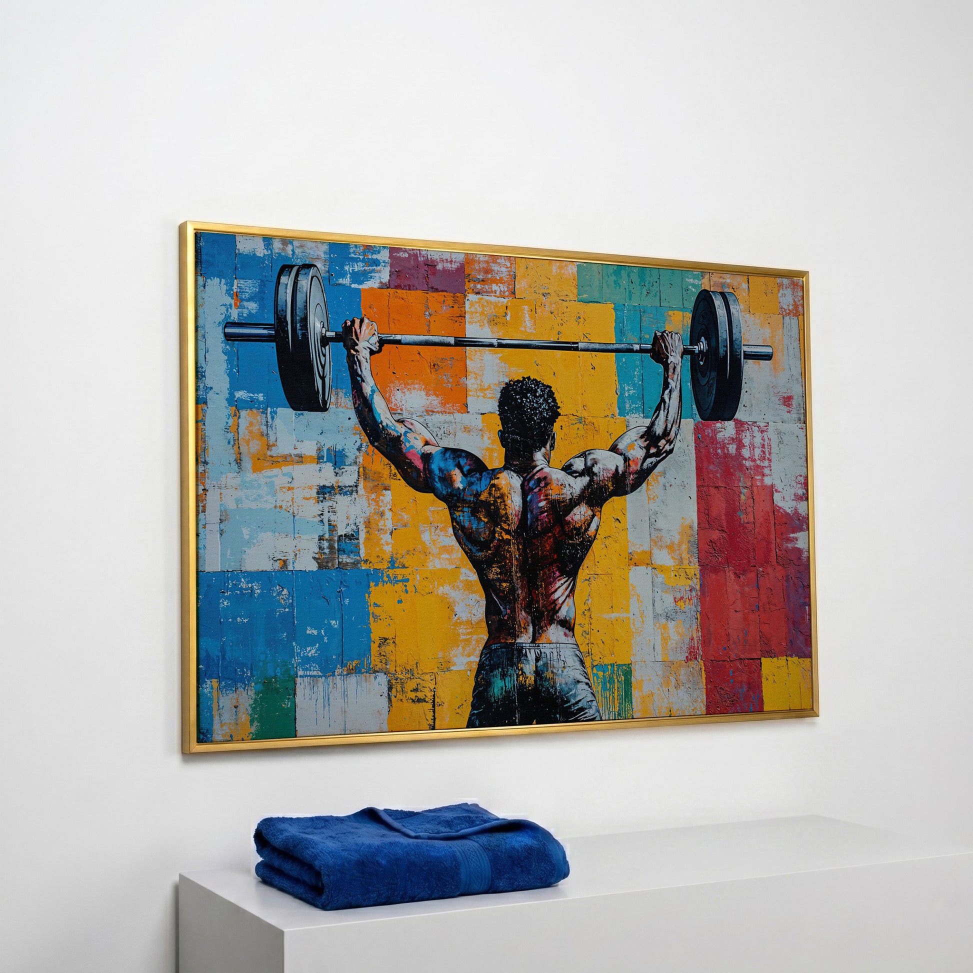 Dynamic Powerlifter Canvas Print with Mustard and Cerulean in yellow gold floating frame