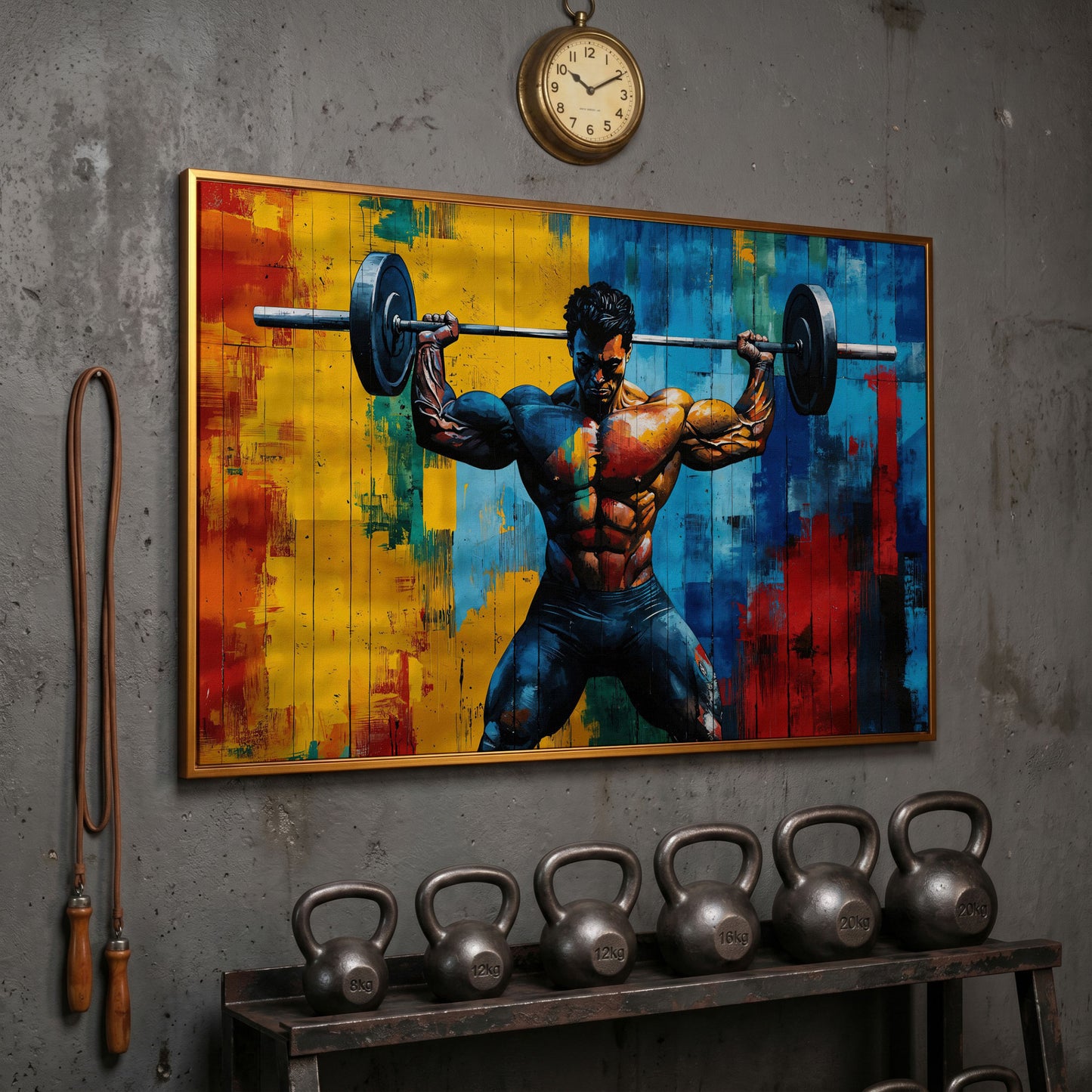 Colorful Bodybuilder Canvas Print for Home Gym in antique gold floating frame