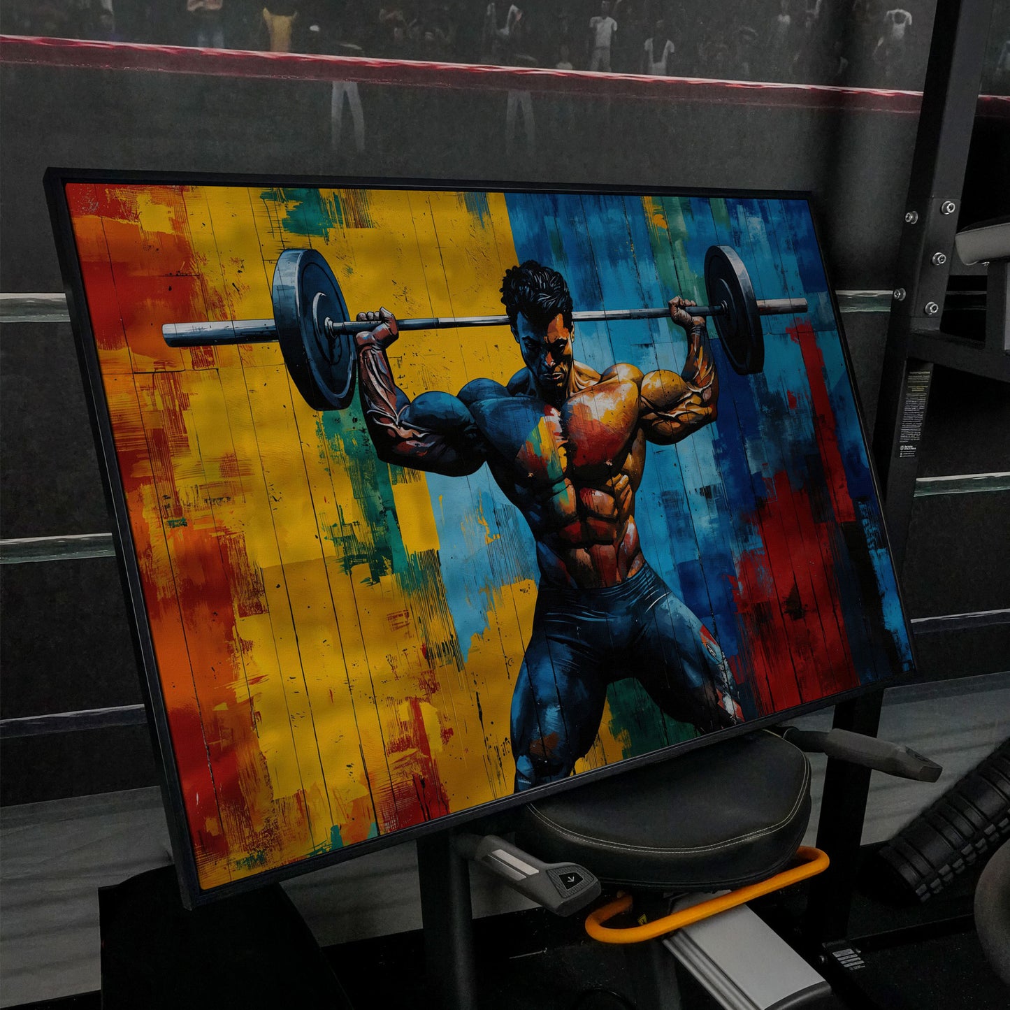 Colorful Bodybuilder Canvas Print for Home Gym in black floating frame