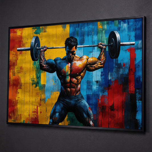 Colorful Bodybuilder Canvas Print for Home Gym shown in black floating frame