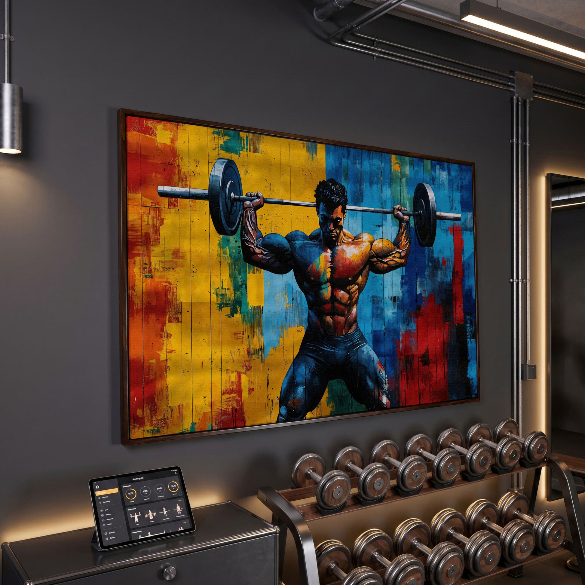 Colorful Bodybuilder Canvas Print for Home Gym in dark walnut floating frame