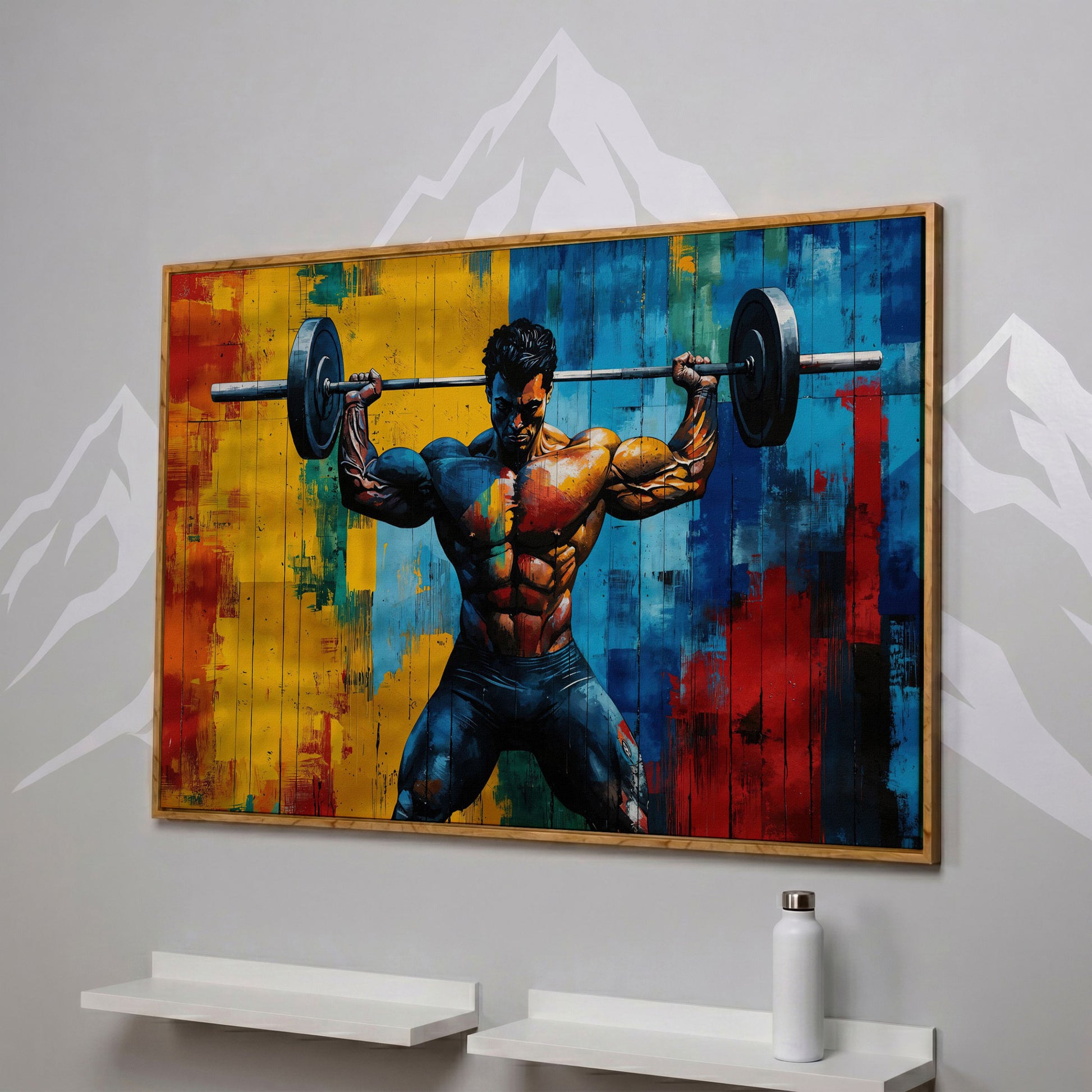 Colorful Bodybuilder Canvas Print for Home Gym in white oak floating frame