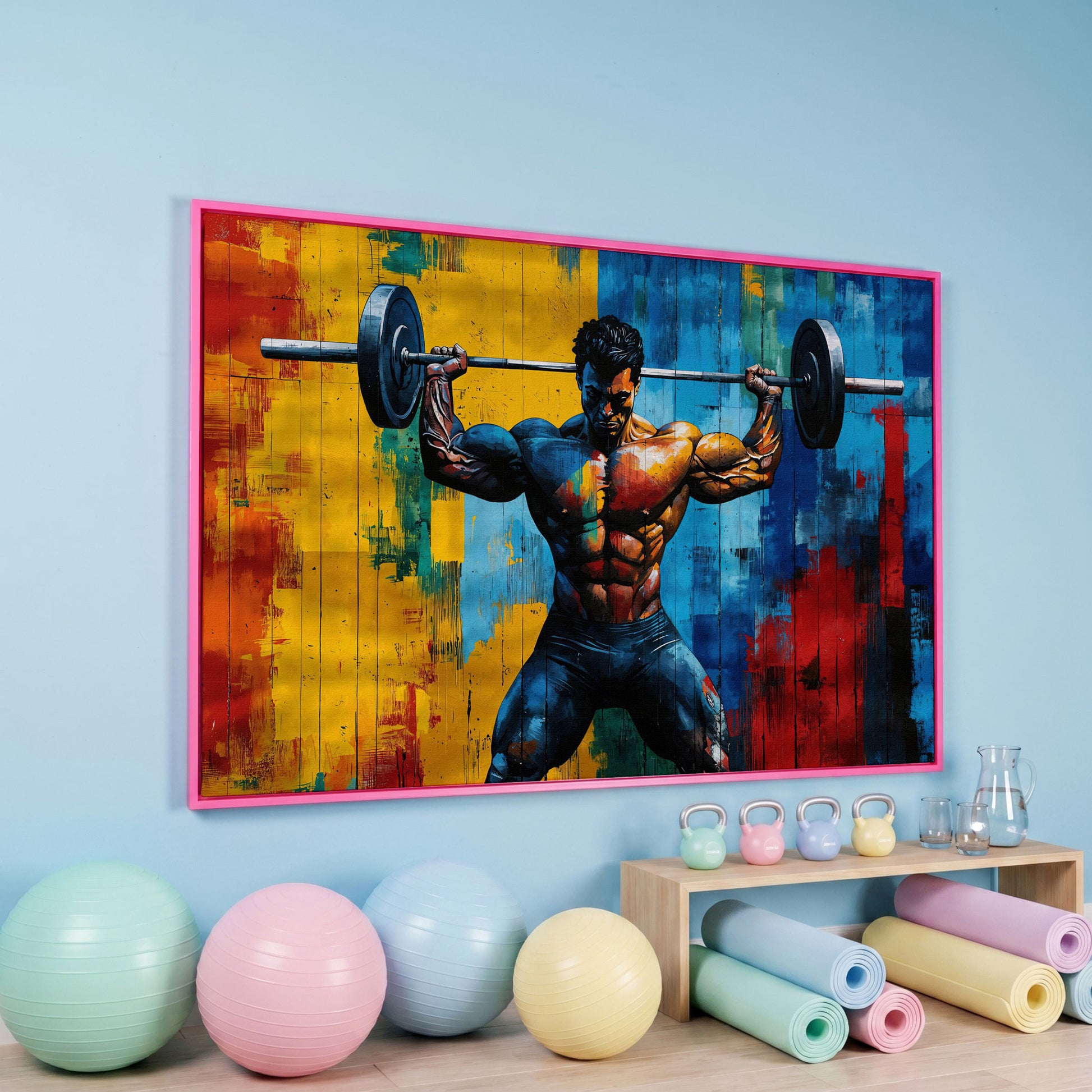 Colorful Bodybuilder Canvas Print for Home Gym in pink floating frame