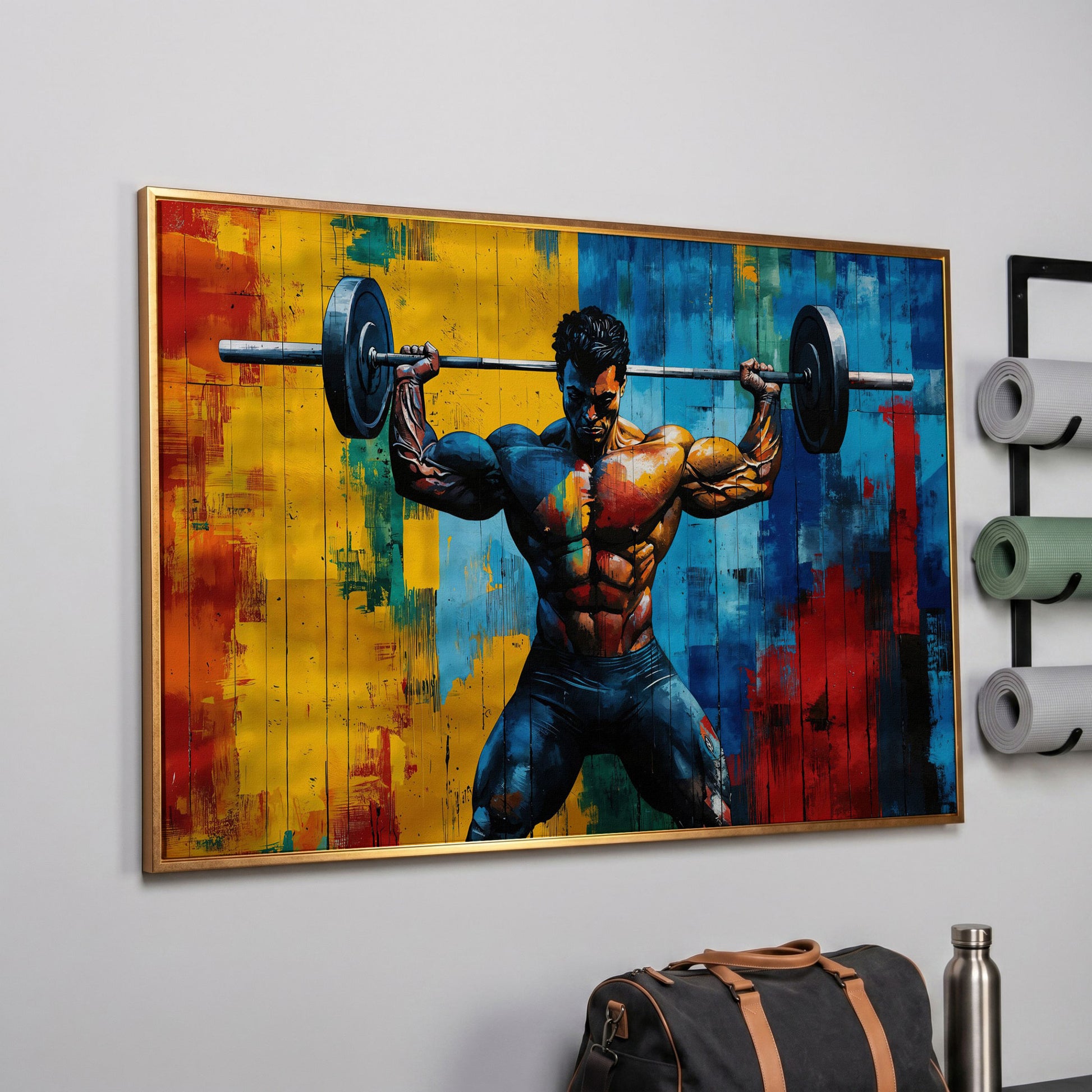 Colorful Bodybuilder Canvas Print for Home Gym in rose gold floating frame