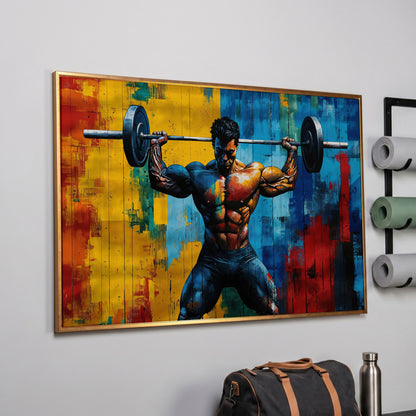 Colorful Bodybuilder Canvas Print for Home Gym in rose gold floating frame