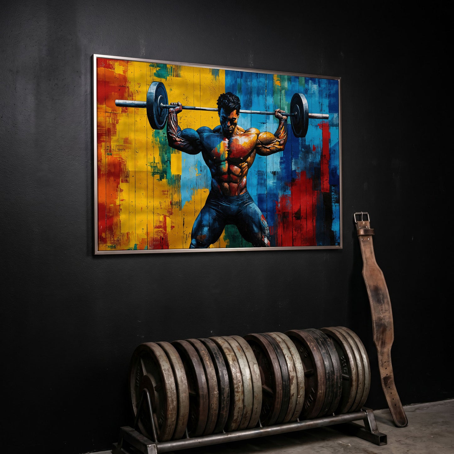 Colorful Bodybuilder Canvas Print for Home Gym in silver floating frame