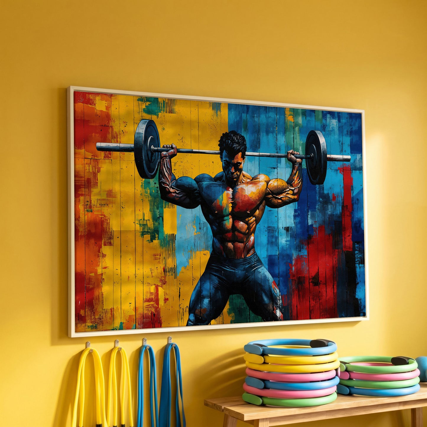 Colorful Bodybuilder Canvas Print for Home Gym in white floating frame