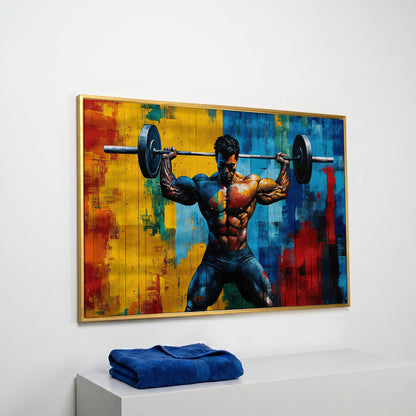Colorful Bodybuilder Canvas Print for Home Gym in yellow gold floating frame