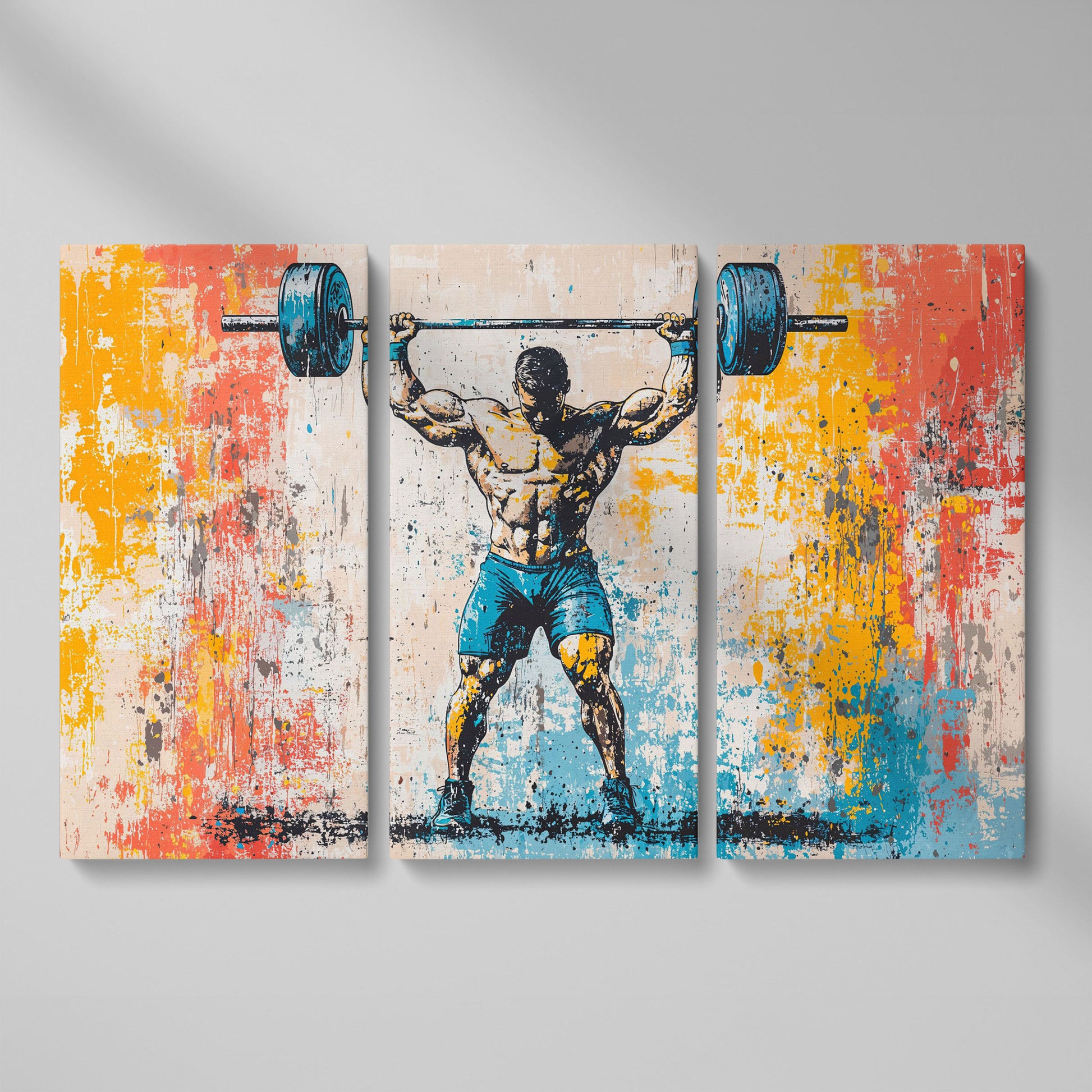 Powerlifting Overhead Canvas Print with Turquoise and Sienna as 3-panel split version