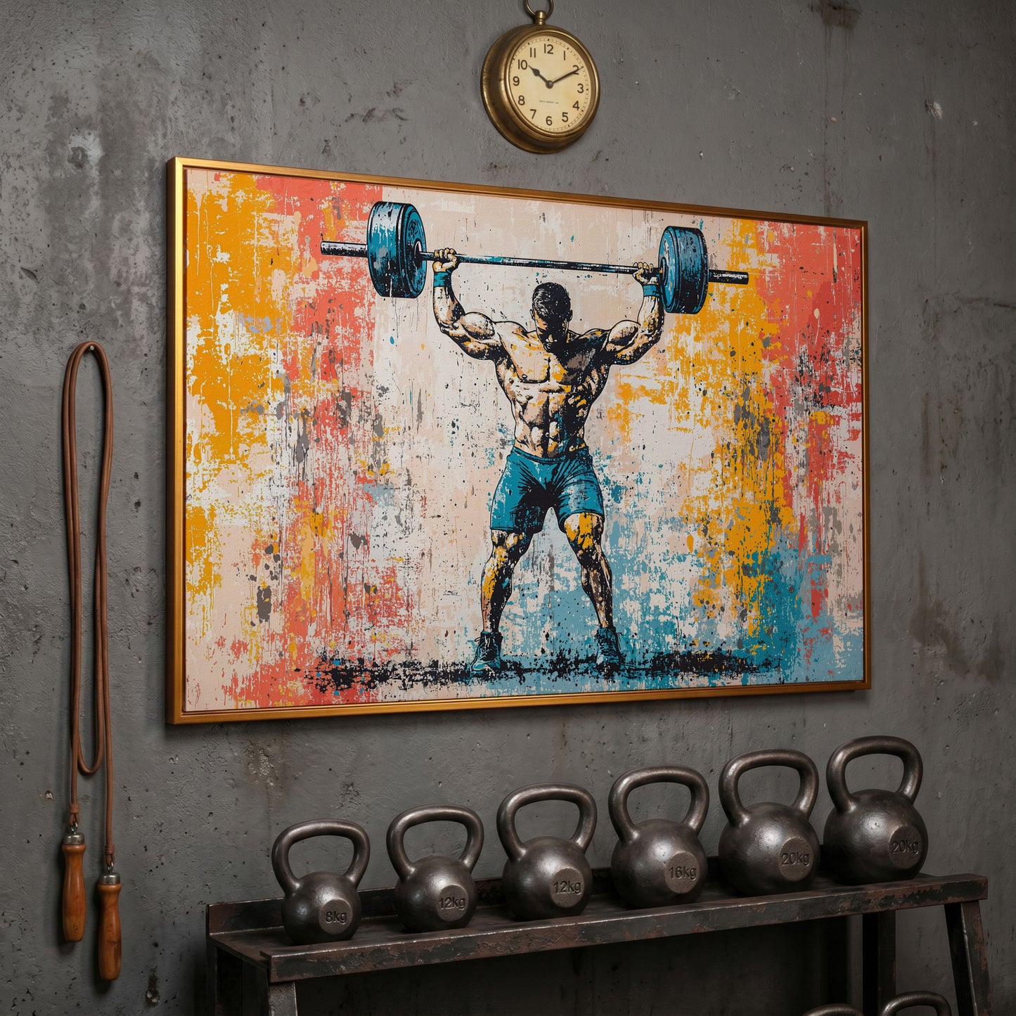 Powerlifting Overhead Canvas Print with Turquoise and Sienna in antique gold floating frame
