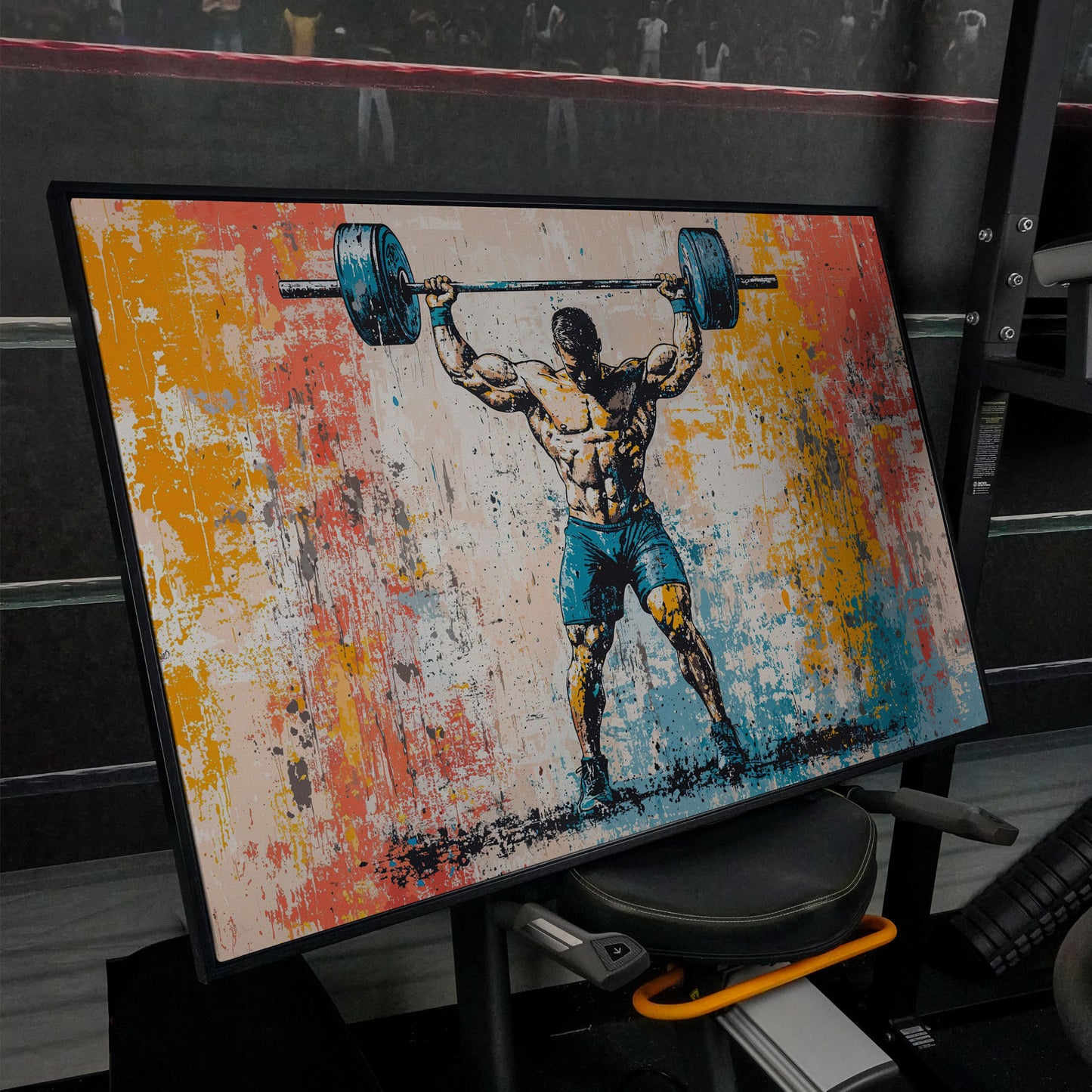 Powerlifting Overhead Canvas Print with Turquoise and Sienna in black floating frame