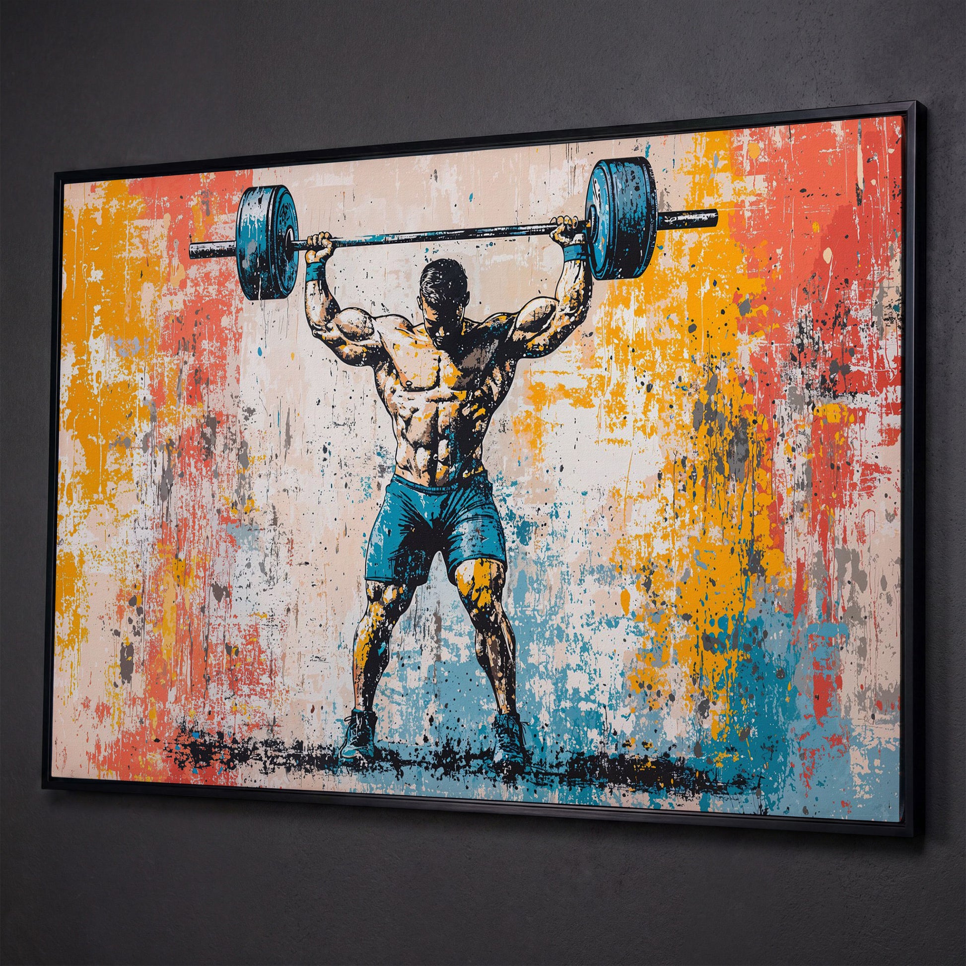 Powerlifting Overhead Canvas Print with Turquoise and Sienna shown in black floating frame