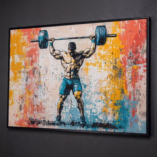 Powerlifting Overhead Canvas Print with Turquoise and Sienna shown in black floating frame