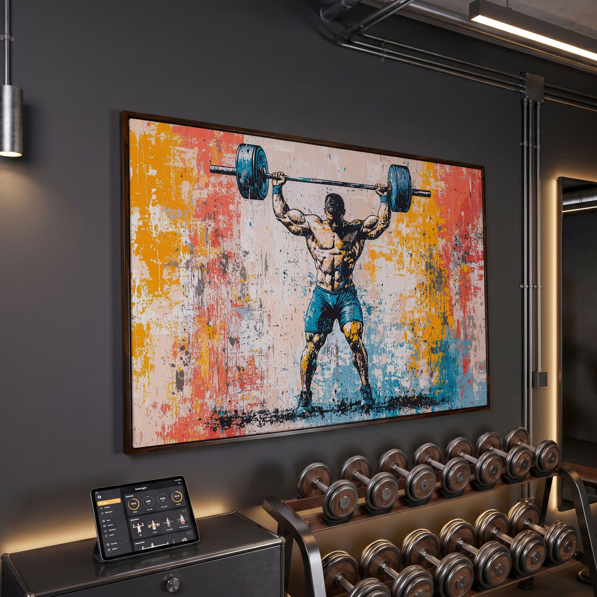 Powerlifting Overhead Canvas Print with Turquoise and Sienna in dark walnut floating frame