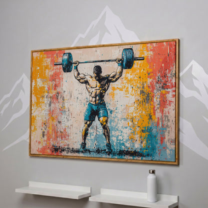 Powerlifting Overhead Canvas Print with Turquoise and Sienna in white oak floating frame