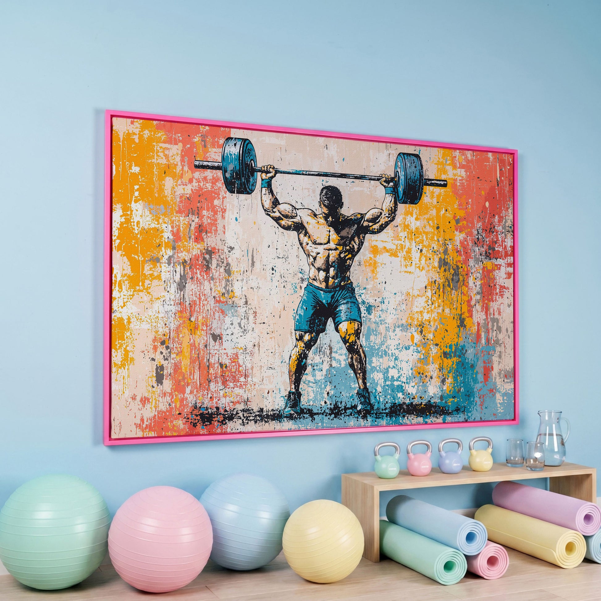 Powerlifting Overhead Canvas Print with Turquoise and Sienna in pink floating frame