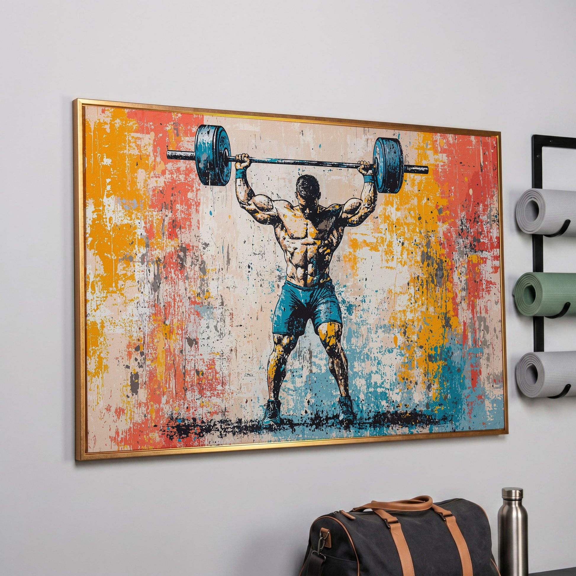 Powerlifting Overhead Canvas Print with Turquoise and Sienna in rose gold floating frame