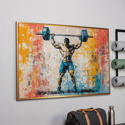 Powerlifting Overhead Canvas Print with Turquoise and Sienna in rose gold floating frame