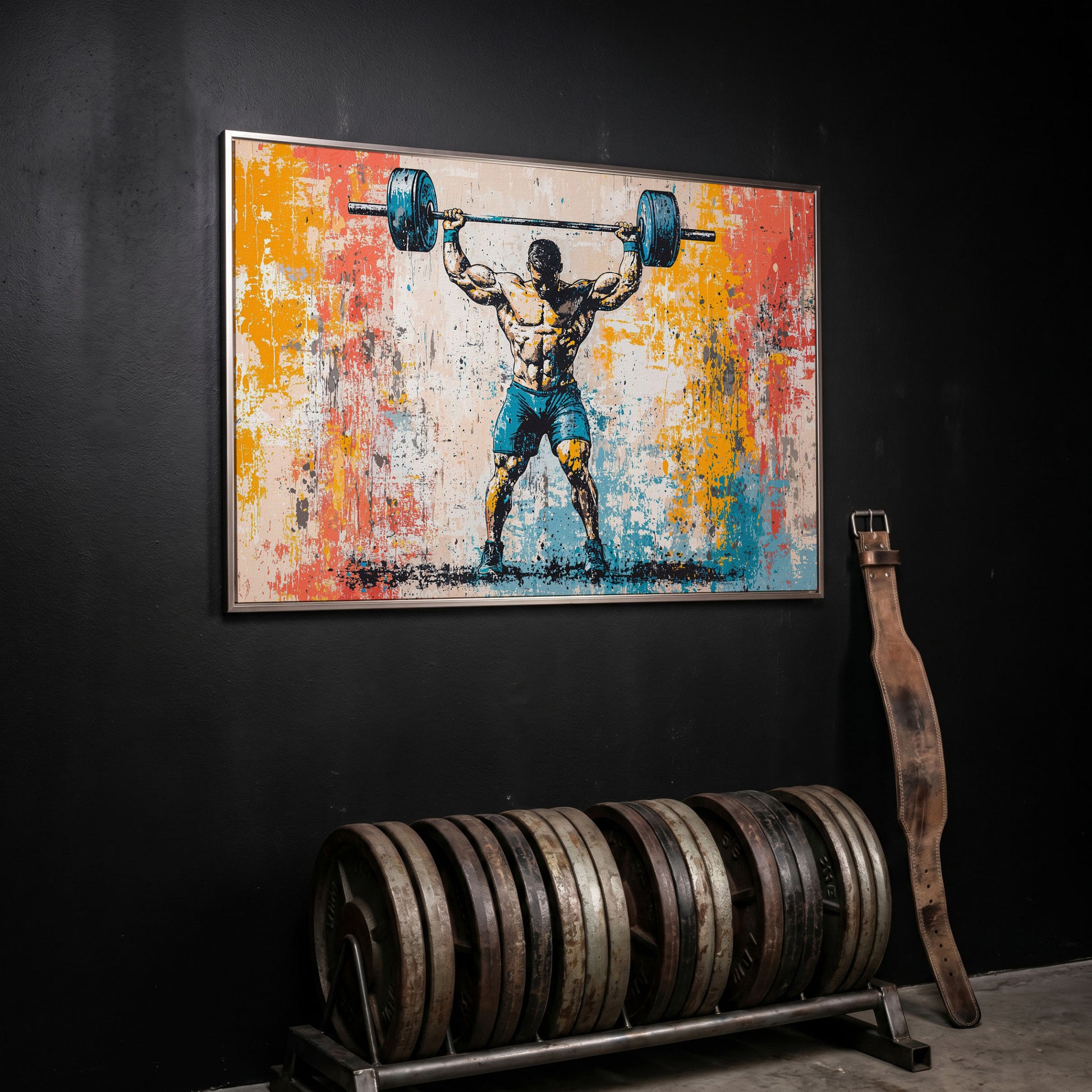 Powerlifting Overhead Canvas Print with Turquoise and Sienna in silver floating frame