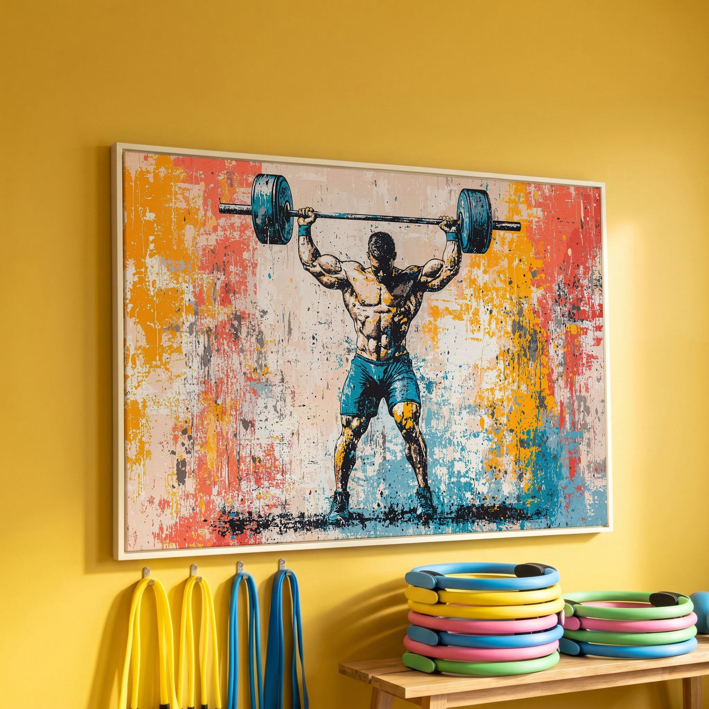 Powerlifting Overhead Canvas Print with Turquoise and Sienna in white floating frame
