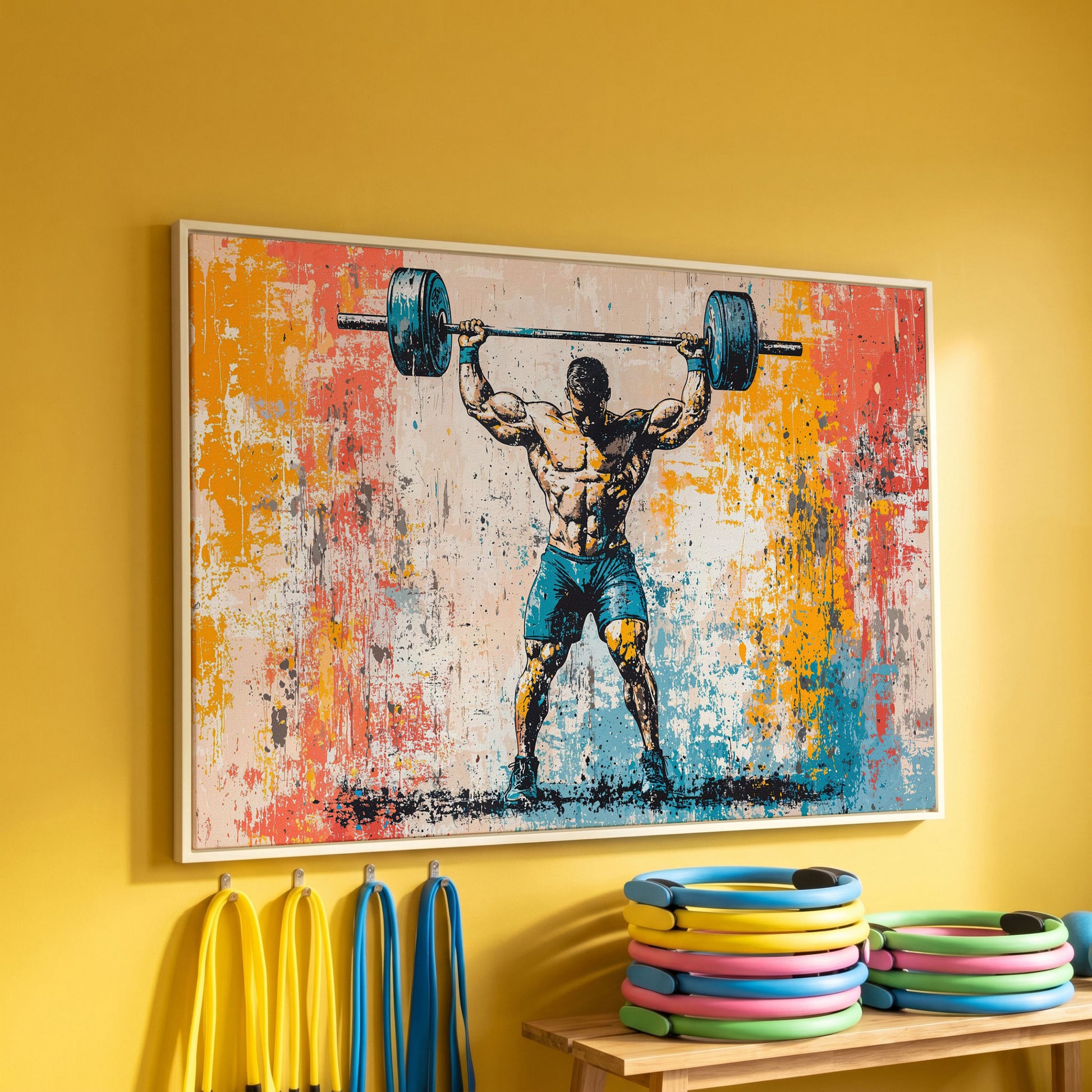 Powerlifting Overhead Canvas Print with Turquoise and Sienna in white floating frame