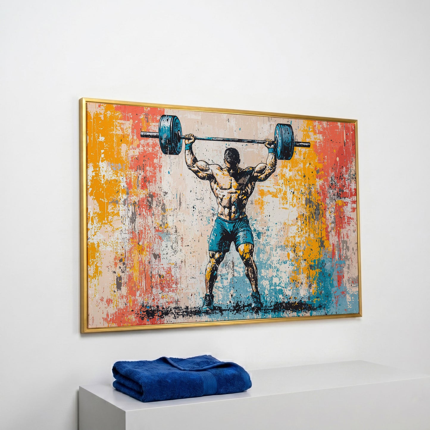Powerlifting Overhead Canvas Print with Turquoise and Sienna in yellow gold floating frame