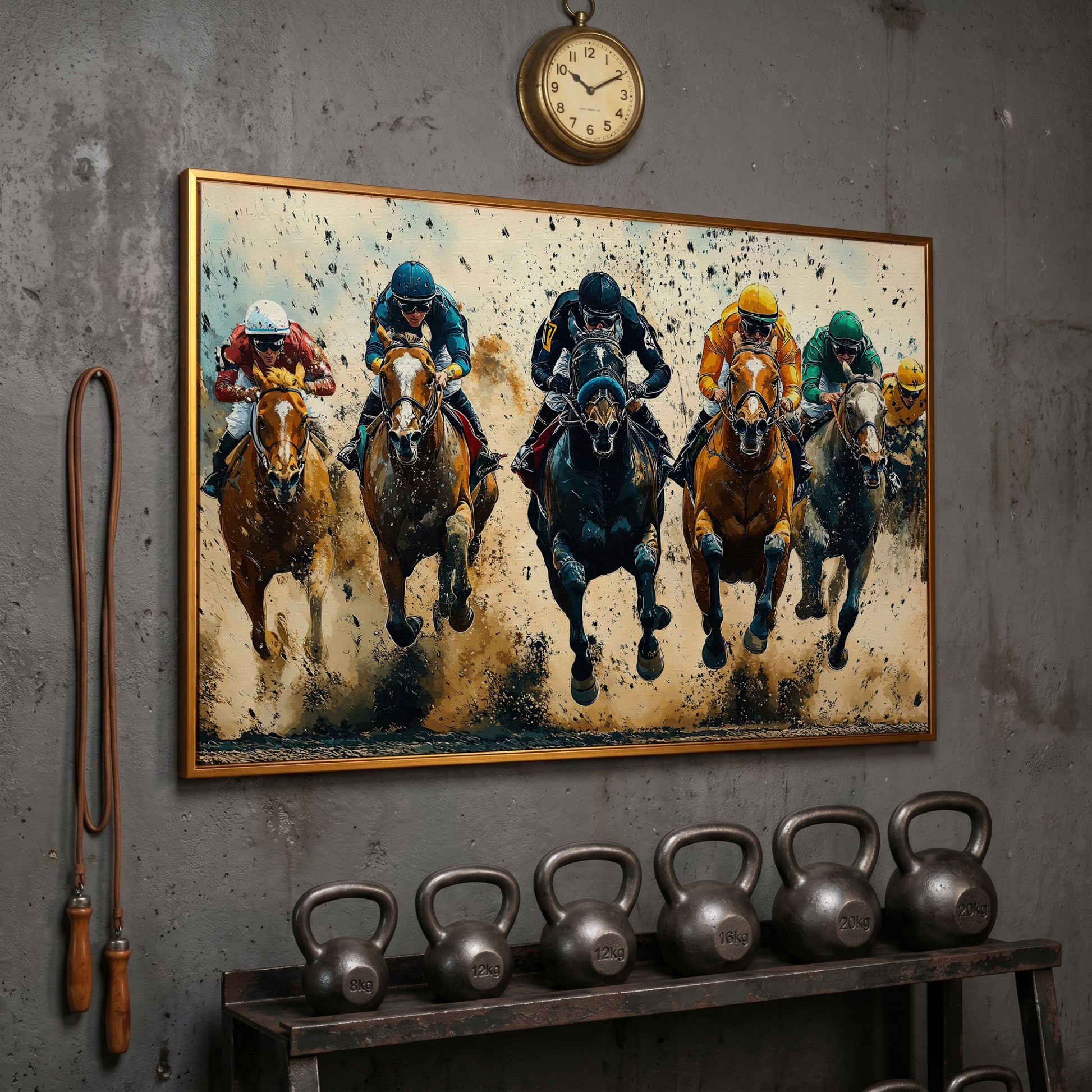 Modern Horse Racing Canvas, Teal and Ochre Equestrian Art in antique gold floating frame