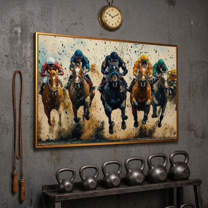 Modern Horse Racing Canvas, Teal and Ochre Equestrian Art in antique gold floating frame