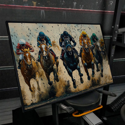 Modern Horse Racing Canvas, Teal and Ochre Equestrian Art in black floating frame
