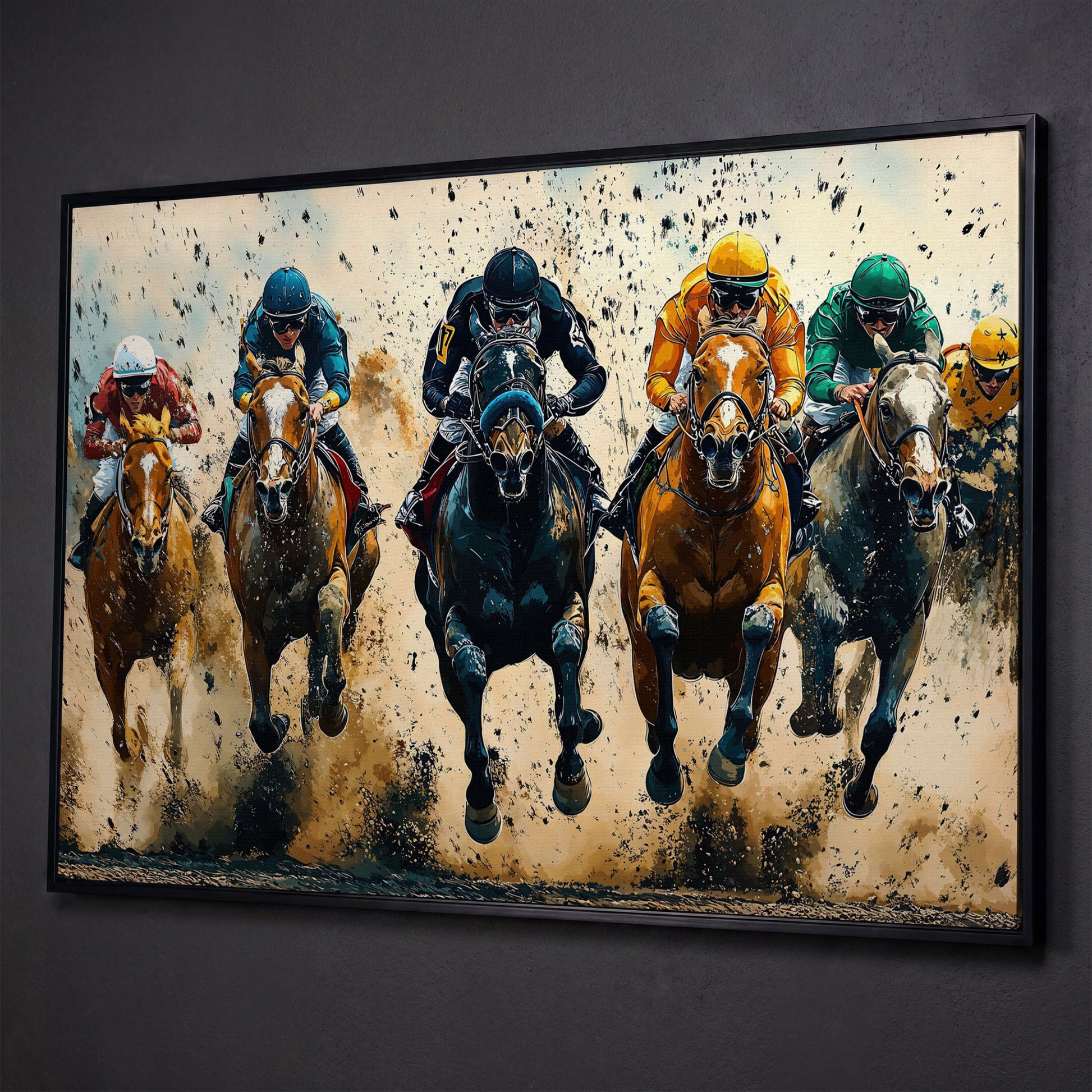 Modern Horse Racing Canvas, Teal and Ochre Equestrian Art shown in black floating frame