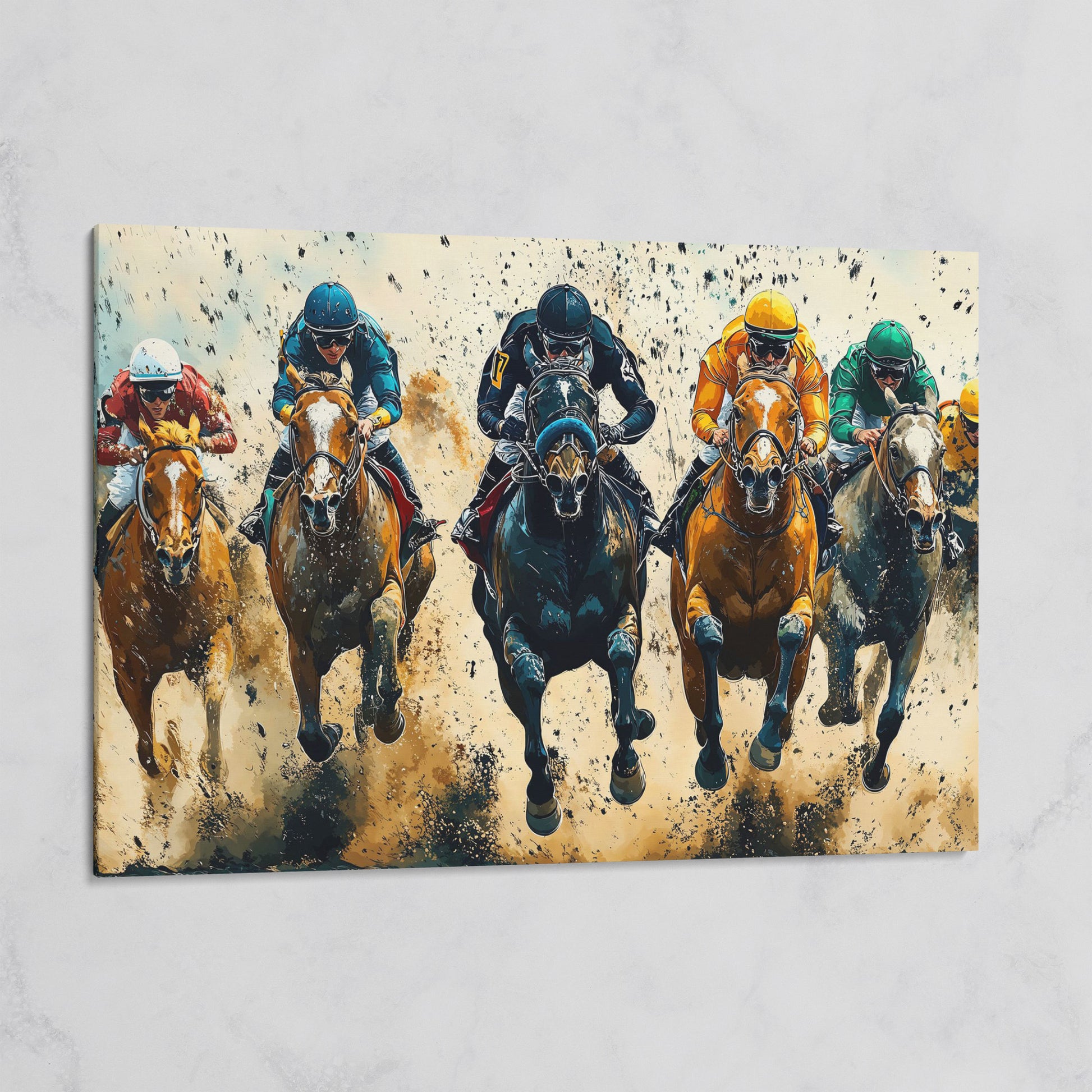 Modern Horse Racing Canvas, Teal and Ochre Equestrian Art on gallery wrap