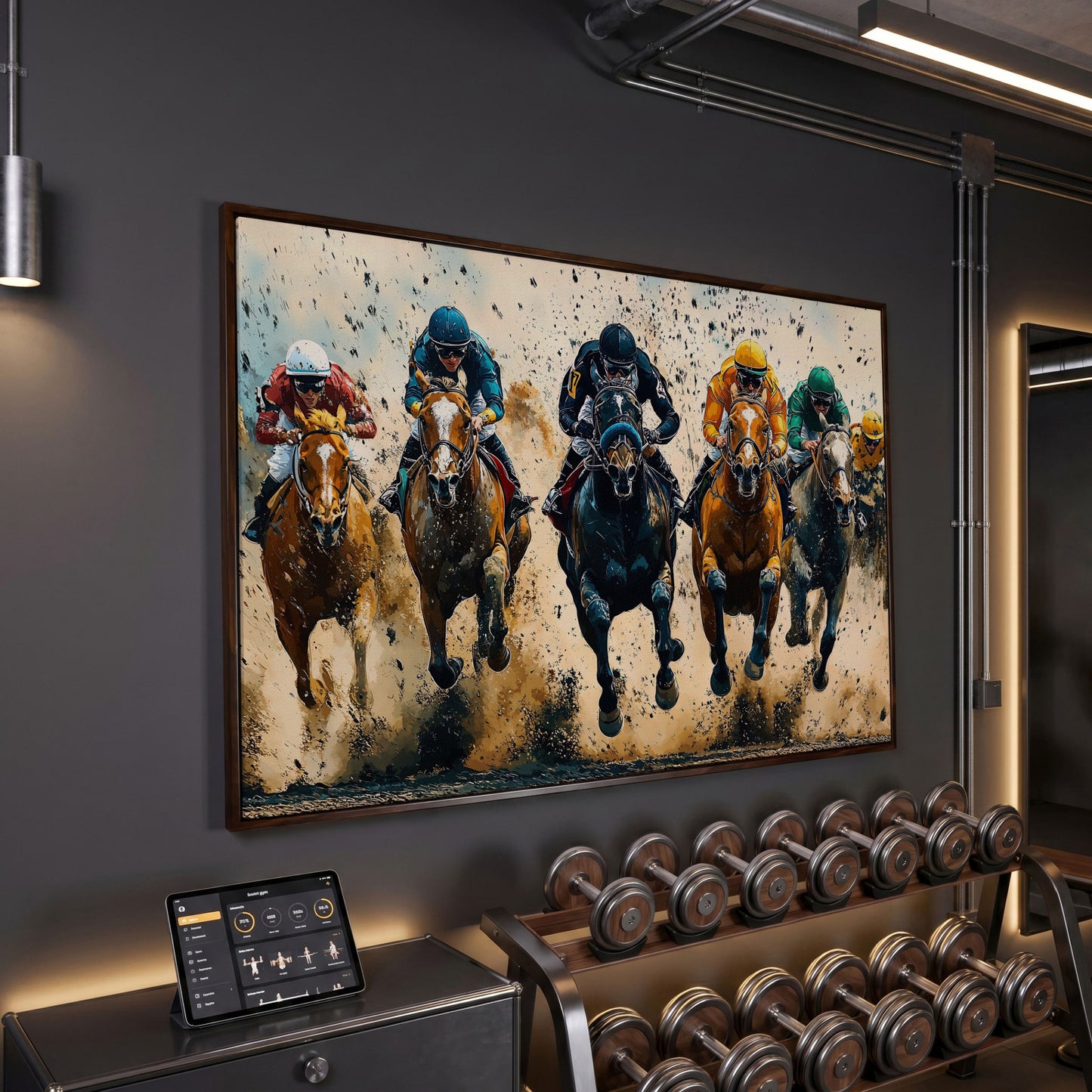 Modern Horse Racing Canvas, Teal and Ochre Equestrian Art in dark walnut floating frame