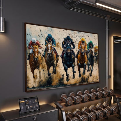 Modern Horse Racing Canvas, Teal and Ochre Equestrian Art in dark walnut floating frame