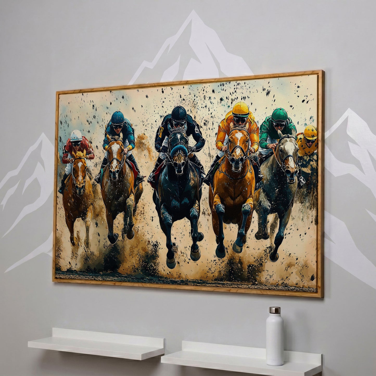 Modern Horse Racing Canvas, Teal and Ochre Equestrian Art in white oak floating frame