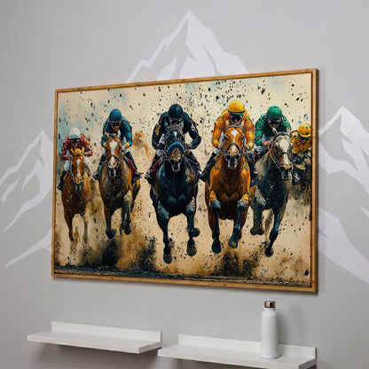 Modern Horse Racing Canvas, Teal and Ochre Equestrian Art in white oak floating frame